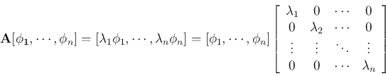 \begin{displaymath}
{\bf A}[{\bf\phi_1},\cdots,{\bf\phi}_n]
=[\lambda_1 {\bf\p...
... \vdots \\
0 & 0 & \cdots & \lambda_n
\end{array} \right]
\end{displaymath}