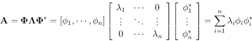 \begin{displaymath}
{\bf A}={\bf\Phi} {\bf\Lambda}{\bf\Phi}^*=[{\bf\phi}_1,\cdo...
...} \right]
=\sum_{i=1}^n \lambda_i {\bf\phi}_i {\bf\phi}_i^*
\end{displaymath}