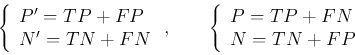 \begin{displaymath}\left\{\begin{array}{l} P'=TP+FP  N'=TN+FN \end{array} \rig...
...\left\{\begin{array}{l} P=TP+FN  N=TN+FP \end{array} \right. \end{displaymath}