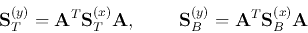 \begin{displaymath}
{\bf S}_T^{(y)}={\bf A}^T{\bf S}_T^{(x)}{\bf A},\;\;\;\;\;\;\;\;
{\bf S}_B^{(y)}={\bf A}^T{\bf S}_B^{(x)}{\bf A}
\end{displaymath}