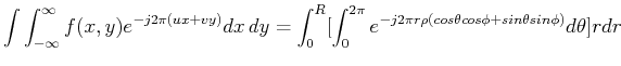 $\displaystyle \int \int_{-\infty}^{\infty} f(x,y) e^{-j2\pi(ux+vy)} dx dy
= \i...
...\pi} e^{-j2\pi r\rho(cos \theta cos \phi
+ sin \theta sin \phi)} d\theta ] r dr$