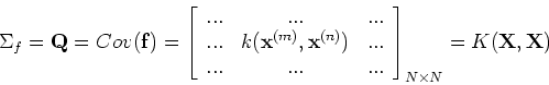 \begin{displaymath}\Sigma_f={\bf Q}=Cov({\bf f})=\left[ \begin{array}{ccc}...&.....
......&...&...\end{array} \right]_{N\times N}
=K({\bf X},{\bf X}) \end{displaymath}