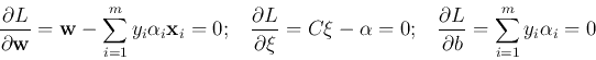 \begin{displaymath}\frac{\partial L}{\partial {\bf w}}={\bf w}-\sum_{i=1}^m y_i\...
...;\;\;
\frac{\partial L}{\partial b}=\sum_{i=1}^m y_i\alpha_i=0 \end{displaymath}