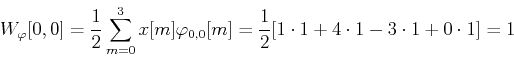 \begin{displaymath}W_{\varphi}[0,0]=\frac{1}{2}\sum_{m=0}^3 x[m]\varphi_{0,0}[m]
=\frac{1}{2}[1\cdot 1+4\cdot 1-3\cdot 1+0\cdot 1]=1 \end{displaymath}