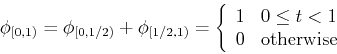 \begin{displaymath}\phi_{[0,1)}=\phi_{[0,1/2)}+\phi_{[1/2,1)}=\left\{ \begin{arr...
...}
1 & 0 \le t < 1  0 & \mbox{otherwise} \end{array} \right. \end{displaymath}