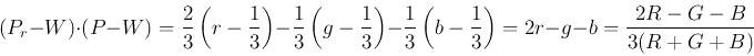 \begin{displaymath}(P_r-W)\cdot(P-W)=\frac{2}{3}\left(r-\frac{1}{3}\right)
-\fr...
...{3}\left(b-\frac{1}{3}\right)
=2r-g-b=\frac{2R-G-B}{3(R+G+B)} \end{displaymath}