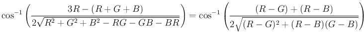 $\displaystyle \cos^{-1}\left(\frac{3R-(R+G+B)}{2\sqrt{R^2+G^2+B^2-RG-GB-BR}}\right)
=\cos^{-1}\left(\frac{(R-G)+(R-B)}{2\sqrt{(R-G)^2+(R-B)(G-B)}}\right)$