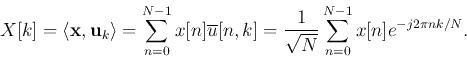 \begin{displaymath}X[k]=\langle {\bf x},{\bf u}_k\rangle=\sum_{n=0}^{N-1} x[n]\o...
...k]
=\frac{1}{\sqrt{N}} \sum_{n=0}^{N-1} x[n] e^{-j2\pi nk/N}. \end{displaymath}