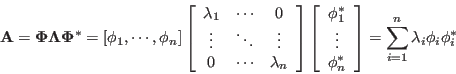 \begin{displaymath}
{\bf A}={\bf\Phi} {\bf\Lambda}{\bf\Phi}^*=[{\bf\phi}_1,\cdo...
...} \right]
=\sum_{i=1}^n \lambda_i {\bf\phi}_i {\bf\phi}_i^*
\end{displaymath}