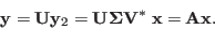 \begin{displaymath}
{\bf y}={\bf U} {\bf y}_2={\bf U}{\bf\Sigma} {\bf V}^*\;{\bf x}
={\bf A}{\bf x}.
\end{displaymath}