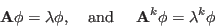 \begin{displaymath}
{\bf A}{\bf\phi}=\lambda{\bf\phi},\;\;\;\;\mbox{and}\;\;\;\;\;
{\bf A}^k{\bf\phi}=\lambda^k{\bf\phi}
\end{displaymath}