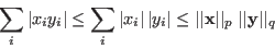 \begin{displaymath}
\sum_i \vert x_i y_i\vert\le\sum_i \vert x_i\vert \vert y_...
...vert\vert{\bf x}\vert\vert _p\;\vert\vert{\bf y}\vert\vert _q
\end{displaymath}