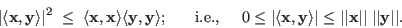 \begin{displaymath}
\vert\langle {\bf x},{\bf y}\rangle\vert^2 \; \le\; \langle...
...e \vert\vert{\bf x}\vert\vert \; \vert\vert{\bf y}\vert\vert.
\end{displaymath}