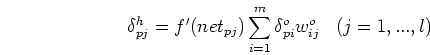 \begin{displaymath}
\delta_{pj}^{h}=f'(net_{pj}) \sum_{i=1}^{m} \delta_{pi}^{o} w_{ij}^o
\;\;\;(j=1,...,l)
\end{displaymath}