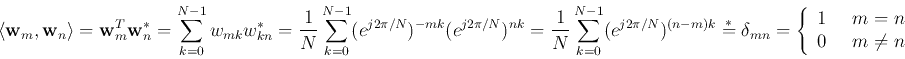 \begin{displaymath}
\langle{\bf w}_m, {\bf w}_n\rangle={\bf w}^T_m {\bf w}^*_n
=...
...{\begin{array}{ll}1&\;\;m=n 0&\;\;m\ne n
\end{array} \right.
\end{displaymath}