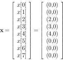 \begin{displaymath}{\bf x}=\left[
\begin{array}{c} x[0]  x[1]  x[2]  x[3] ...
...3,0)  (4,0)  (0,0)  (0,0)  (0,0)
\end{tabular} \right] \end{displaymath}