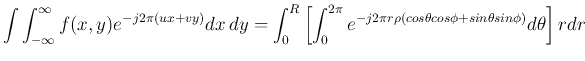 $\displaystyle \int \int_{-\infty}^{\infty} f(x,y) e^{-j2\pi(ux+vy)} dx dy
= ...
...{-j2\pi r\rho(cos \theta cos \phi
+ sin \theta sin \phi)} d\theta \right] r dr$