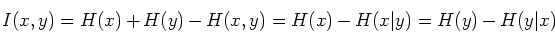 \begin{displaymath}I(x,y)=H(x)+H(y)-H(x,y)=H(x)-H(x\vert y)=H(y)-H(y\vert x) \end{displaymath}