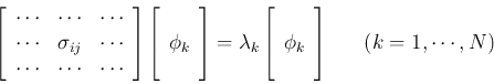 \begin{displaymath}\left[ \begin{array}{ccc}\cdots &\cdots &\cdots \\
\cdots & ...
...f\phi}_k   \end{array} \right]
\;\;\;\;\;\;(k=1,\cdots,N) \end{displaymath}