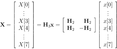\begin{displaymath}
{\bf X}=
\left[ \begin{array}{c} X[0]  \vdots  X[3]  X...
... \vdots  x[3]  x[4]  \vdots  x[7]
\end{array} \right]
\end{displaymath}