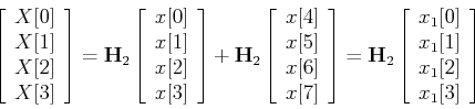 \begin{displaymath}
\left[ \begin{array}{c} X[0]  X[1]  X[2]  X[3] \end{ar...
...ay}{c} x_1[0]  x_1[1]  x_1[2]  x_1[3] \end{array}\right]
\end{displaymath}