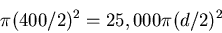 \begin{displaymath}\pi (400/2)^2 = 25,000 \pi (d/2)^2 \end{displaymath}