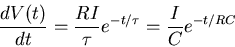 \begin{displaymath}\frac{dV(t)}{dt}=\frac{RI}{\tau}e^{-t/\tau}=\frac{I}{C}e^{-t/RC} \end{displaymath}