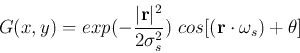 \begin{displaymath}G(x,y)=exp(-\frac{ \vert {\bf r} \vert ^2 }{2\sigma_s^2} ) \mbox{ }
cos[( {\bf r} \cdot {\bf\omega}_s)+\theta]
\end{displaymath}