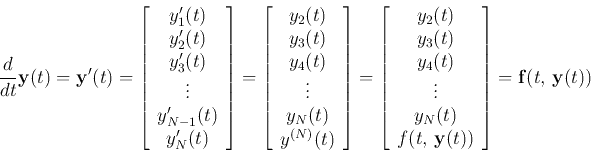 \begin{displaymath}
\frac{d}{dt}{\bf y}(t)={\bf y}'(t)
=\left[\begin{array}{c}y'...
... f(t, {\bf y}(t))\end{array}\right]
={\bf f}(t, {\bf y}(t))
\end{displaymath}