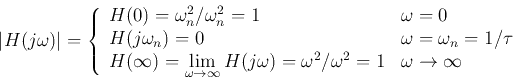\begin{displaymath}
\vert H(j\omega)\vert=\left\{\begin{array}{ll}
H(0)=\omega_...
...ega^2/\omega^2=1 & \omega\rightarrow \infty
\end{array}\right.
\end{displaymath}