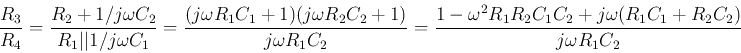 \begin{displaymath}
\frac{R_3}{R_4}=\frac{R_2+1/j\omega C_2}{R_1\vert\vert 1/j\o...
...1-\omega^2R_1R_2C_1C_2+j\omega(R_1C_1+R_2C_2)}{j\omega R_1C_2}
\end{displaymath}