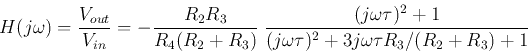 \begin{displaymath}
H(j\omega)=\frac{V_{out}}{V_{in}}
=-\frac{R_2R_3}{R_4(R_2+R_...
...\omega\tau)^2+1}{(j\omega\tau)^2+3j\omega\tau R_3/(R_2+R_3)+1}
\end{displaymath}
