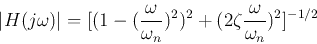 \begin{displaymath}\vert H(j\omega)\vert=[(1-(\frac{\omega}{\omega_n})^2)^2+(2\zeta\frac{\omega}{\omega_n})^2]^{-1/2}\end{displaymath}