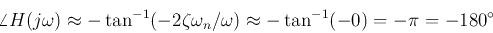 \begin{displaymath}\angle H(j\omega) \approx -\tan^{-1} (-2\zeta \omega_n/\omega)
\approx -\tan^{-1} (-0)=-\pi=-180^\circ \end{displaymath}