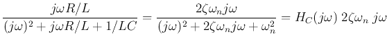 $\displaystyle \frac{j\omega R/L}{(j\omega)^2 +j\omega R/L+1/LC}
=\frac{2\zeta\...
...+2\zeta\omega_n j\omega+\omega^2_n}
=H_C(j\omega) \;2\zeta \omega_n\;j \omega$