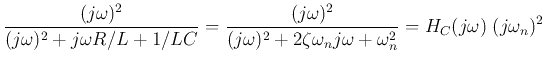 $\displaystyle \frac{(j\omega)^2}{(j\omega)^2 +j\omega R/L+1/LC}
=\frac{(j\omeg...
...(j\omega)^2 +2\zeta\omega_n j\omega+\omega^2_n}
=H_C(j\omega) \;(j\omega_n)^2$
