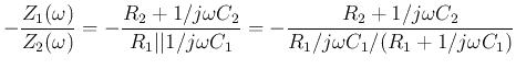 $\displaystyle -\frac{Z_1(\omega)}{Z_2(\omega)}
=-\frac{R_2+1/j\omega C_2}{R_1\...
...1/j\omega C_1}
=-\frac{R_2+1/j\omega C_2}{R_1/j\omega C_1/(R_1+1/j\omega C_1)}$