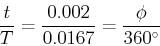 \begin{displaymath}\frac{t}{T}=\frac{0.002}{0.0167}=\frac{\phi}{360^\circ} \end{displaymath}