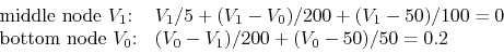 \begin{displaymath}\begin{array}{ll}
\mbox{middle node $V_1$:} & V_1/5+(V_1-V_0...
...ottom node $V_0$:} & (V_0-V_1)/200+(V_0-50)/50=0.2 \end{array} \end{displaymath}