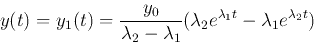 \begin{displaymath}
y(t)=y_1(t)=\frac{y_0}{\lambda_2-\lambda_1}(\lambda_2e^{\lambda_1t}-\lambda_1e^{\lambda_2t})
\end{displaymath}